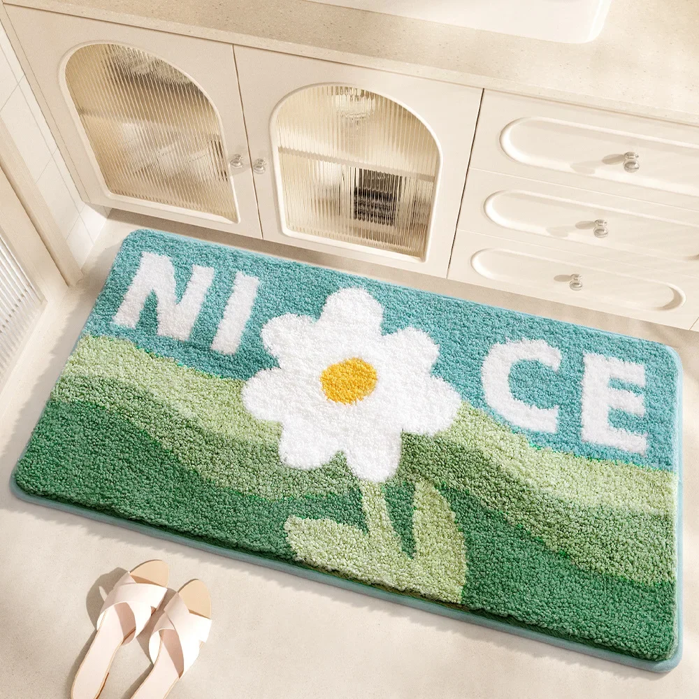 Hello Flower Bath Mat Set Thickened Flocked Bathroom Carpet Toilet Foot Mat Quickly Absorbs Water TPR Anti-slip Rug Floor Mats