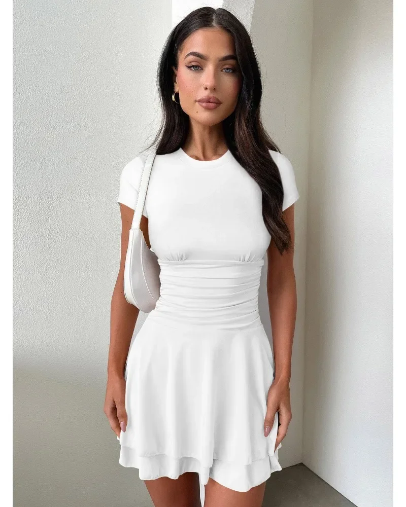Fashion Folds Ruffled Mini Dress For Women Summer New Solid Color Short Sleeves Female Clubs Party Sexy Slim Fit Dress