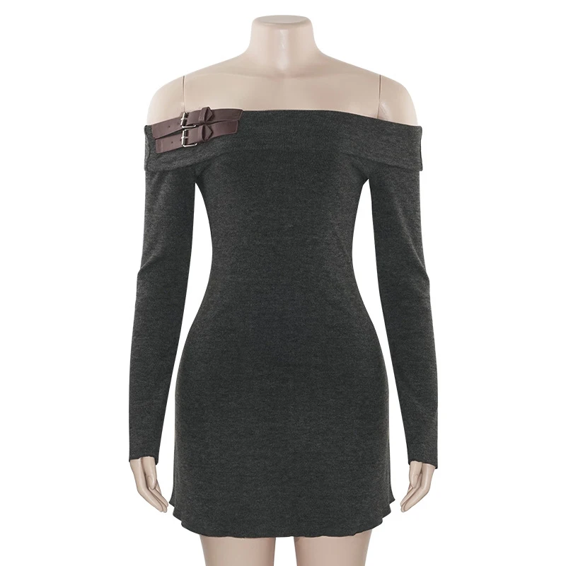 y2k Dress Women Aesthetic Clothing Leather Buckle Off Shoulder Long Sleeve Bodycon Dress Sexy Cocktail Party Dresses