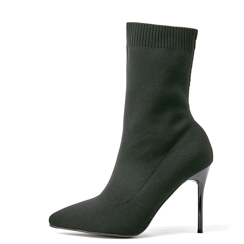 ZOOKERLIN Pointed Knitted Elastic Fabric Women's Boots Stiletto High Heels Slim Solid Color Black Slip On Ankle Boots Short Boot