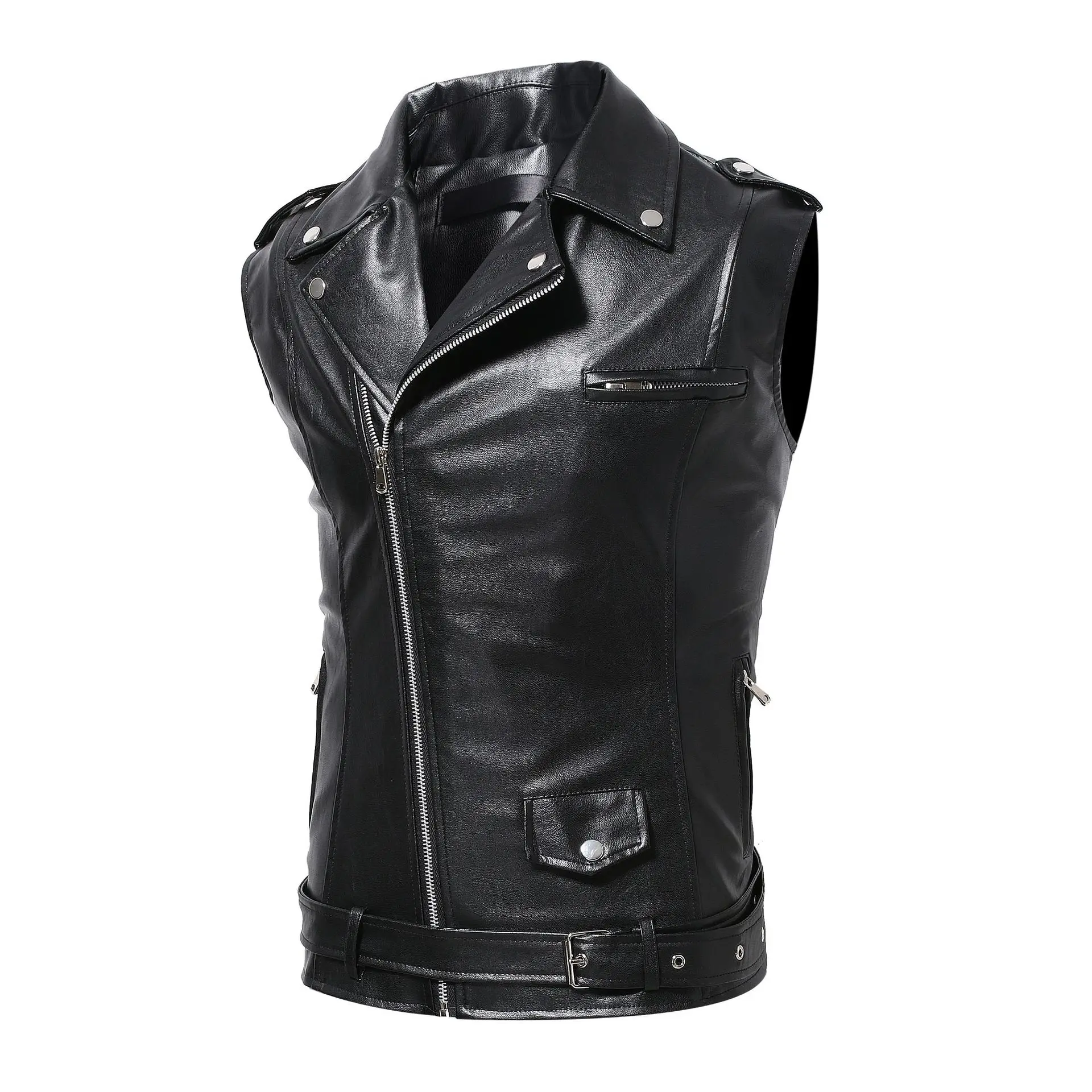 Black Collar Sleeveless PU Vest Jacket Men's Single-breasted Up and Down with Pockets Faux Leather Vests Coat S M L XL XXL XXXL images - 6