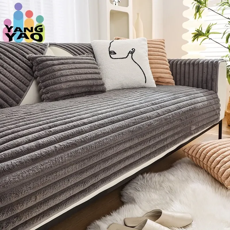 

New Rabbit Plush Sofa Cover for Living Room Winter Warm Thicken Sofa Mat Couch Slipcovers Anti-slip Strip Kids Pets Sofa Towel