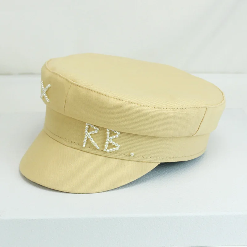 

Luxury Women Pearls RB Letter Militray Hat Fashion Streetwear Navy Hat Adjustable Flat Top Newsboy Caps Casual Gorras Visor Hats