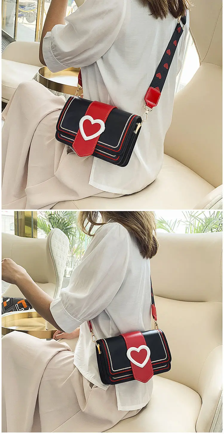 Xiuya Sweet Cute Small Shoulder Bag Female Valentines Day Trendy Korea Heart Messenger Bag Fashion Broadband Square Purse Wallet