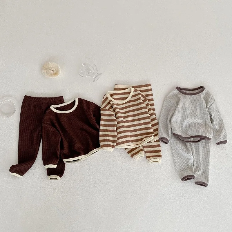 baby shirt clothing set 0-3 year old baby clothes autumn boys and girls striped long-sleeved pullover + shorts baby simple long-sleeved trousers suit Baby Clothing Set medium