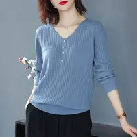 2024 Spring Autumn Women Korean Fashion Elegant Simple Solid Basic Knitwears Female Casual V Neck Long Sleeve Slim Pullover Tops 1
