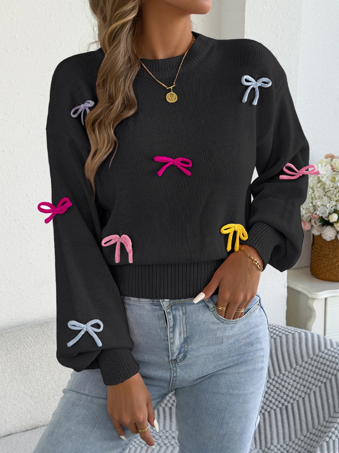 Women Knitted Sweater Round Neck Lantern Long Sleeve Top