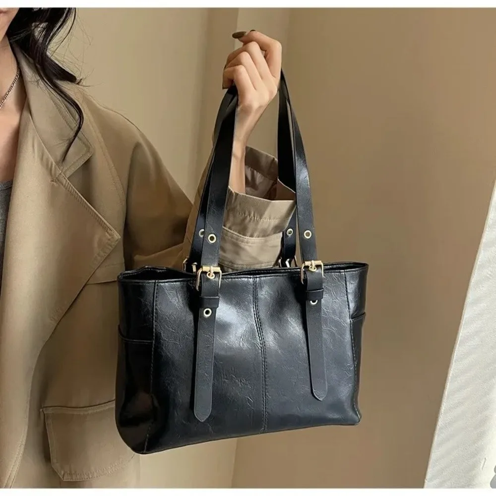 Casual Retro Frauen Schulter Taschen Große Kapazität Einfarbig Dame Tote Tasche PU Leder Handtasche Geldbörsen – Detail 15