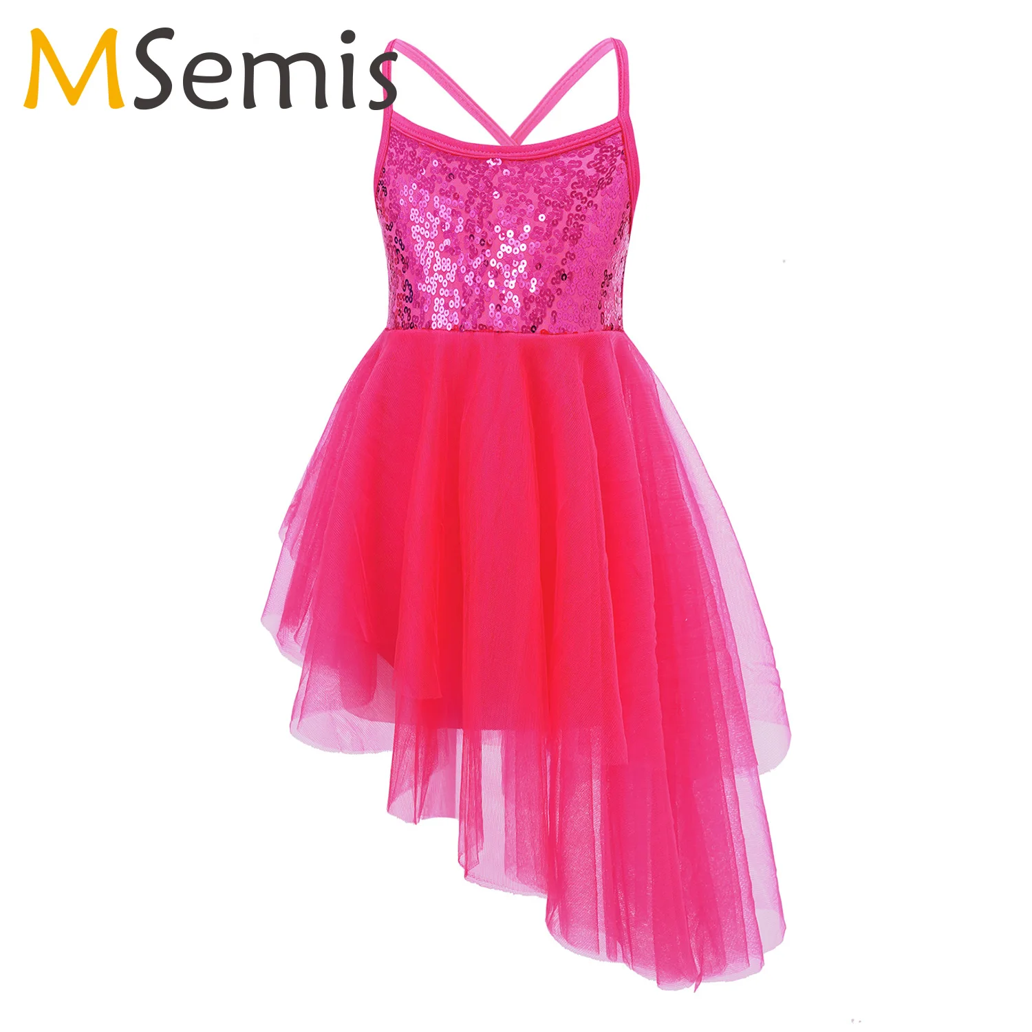 Kids Girls Gymnastic Leotard Ballet Tutu Dress Ballerina Stage Performance Costume Sleeveless Sequins Tulle Lyrical Dancewear