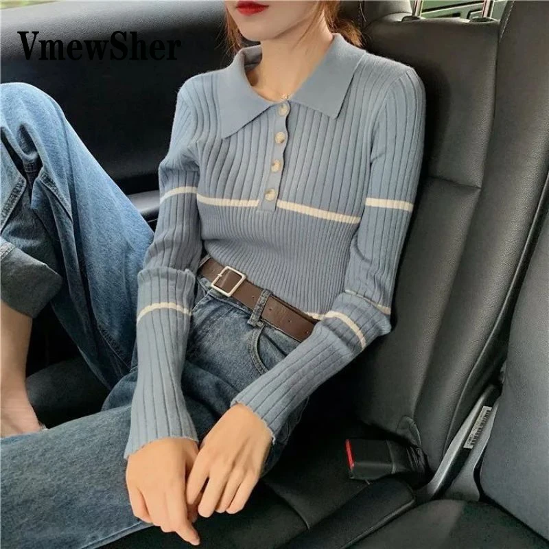 

VmewSher New Knitwear Base Pullover Women Autumn Spring Polo Collar Striped Slim Fit Sweater Long Sleeve Buttons Jumper Tops