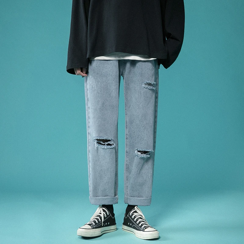 2022 Spring Summer New Men's Ripped Blue Jeans Korean Fashion Straight-leg Denim Wide-leg Trousers Baggy Ankle-Length Pants Male 2022 new arrivals   luxury men slim jeans pants letter embroidery ankle zipper male hip hop denim trousers korean fashion