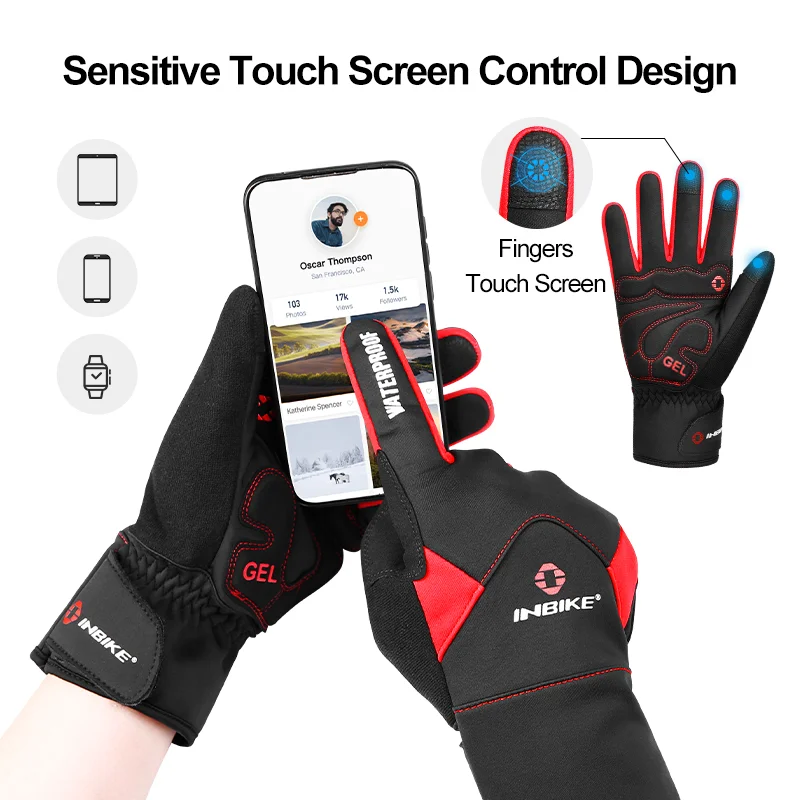 INBIKE Touch Screen Cycling Gloves Winter Thermal Warm Windproof Full Finger Waterproof Bicycle Road Bike Gloves For Men Women 5