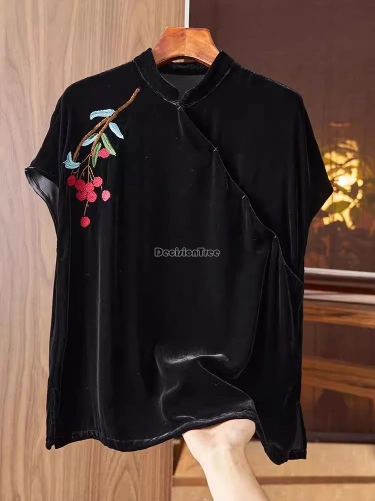 chinese velvet embroidery stand collar short sleeve cheongsam top women's summer new retro casual loose qipao t-shirt w904