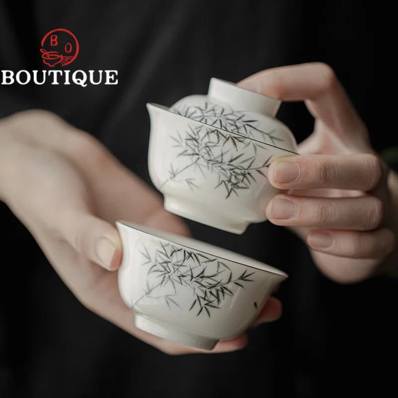 90ml Boutique Hand-painted Bamboo Ceramic Covered Bowls Household Tea Soaking Gaiwan Tea Maker Soperas Kung Fu Set Tool Gift