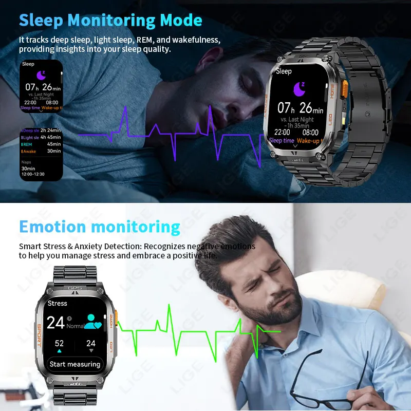 LIGE Outdoor Compass Military Men Sports Smart Watch Bluetooth Call Heart Rate Blood Oxygen Waterproof Flashlight Smart Bracelet