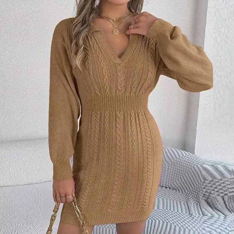 

Autumn Long Sleeve Knitted Dresses Women Sexy Fashion Turn Down Collar Lantern Sleeve Dress Office Lady Warm Knitwears 29890