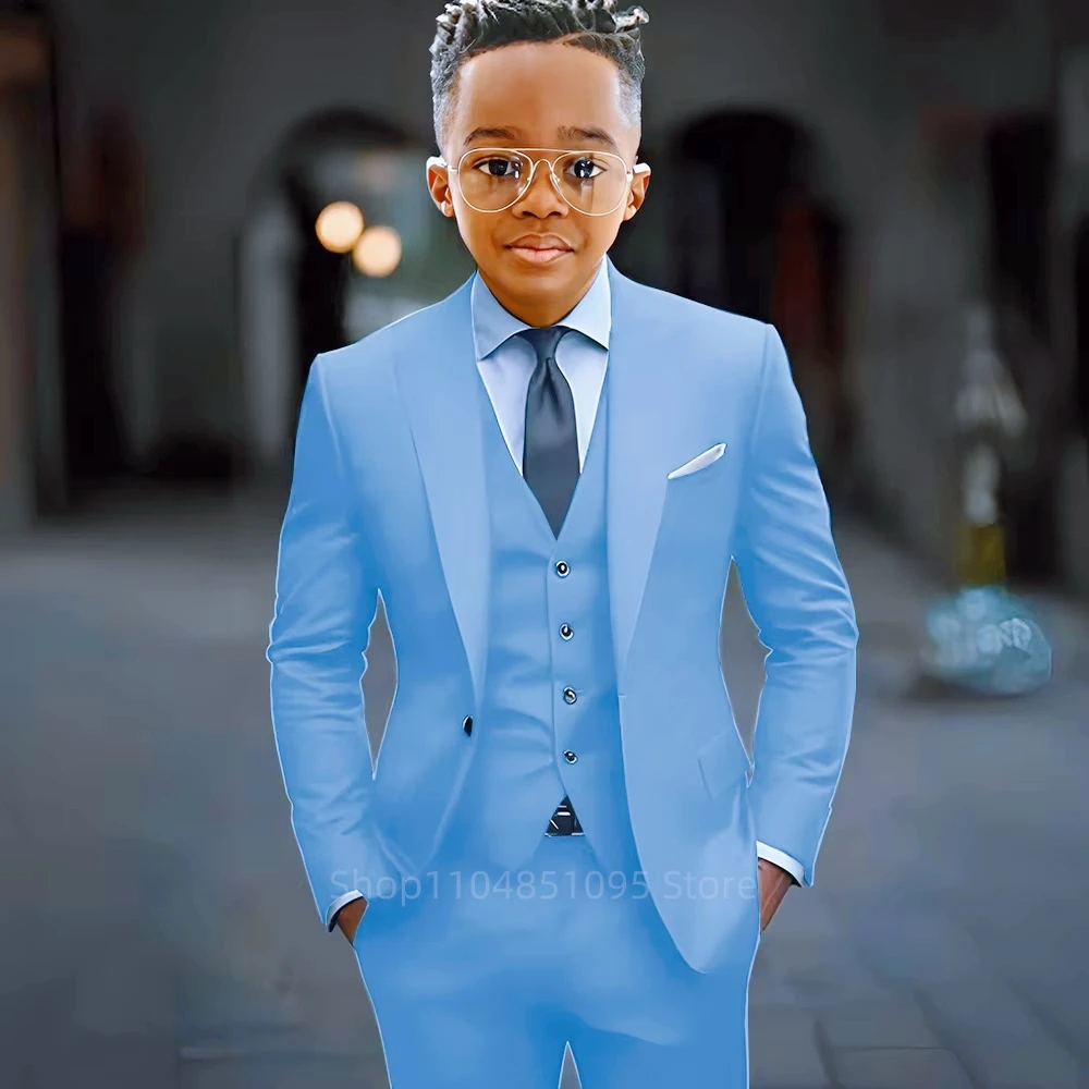 Blue Boy Wedding Formal Suits 3 Pieces Blazer Vest Pants Suits Flower Child Party Prom Suit Kids Suit Tuxedo for 2-18 Year Old