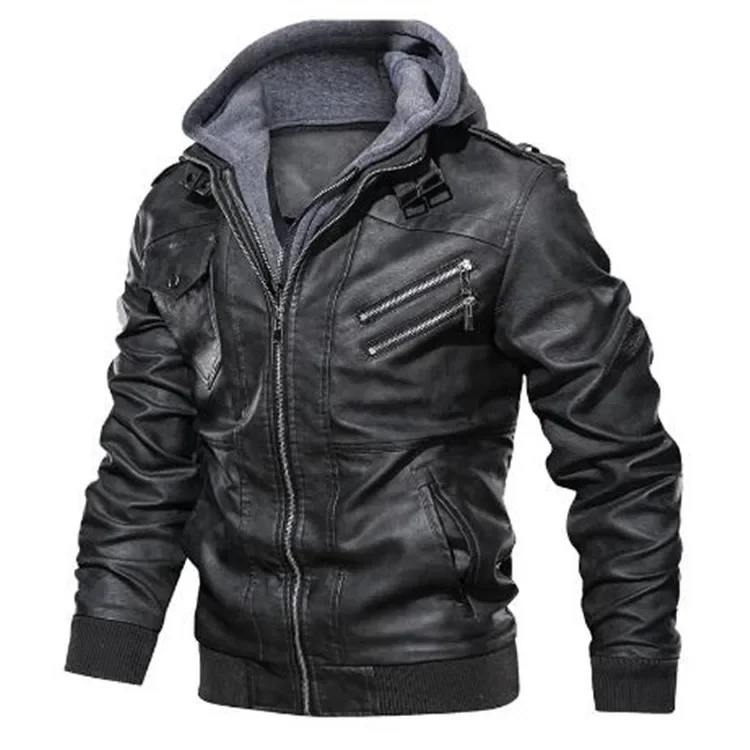 Male Street Wear Motorcycle Leather Jackets Hat Detachable Men Hooded Leather Jackets Slim Casual Coats 5XL leather jackets