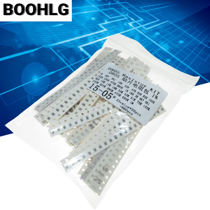 

33valuesX 20pcs=660pcs 0603 0805 1206 Resistor Kit Assorted 1R to 1M ohm 1% SMD Sample Kit DIY 3.3R 5.1R 10R 47R 62R 82R 1K 10K