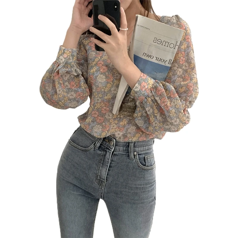 

Women Square Collar Blouses Long Sleeve Loose Chiffon Top Casual Business Shirt