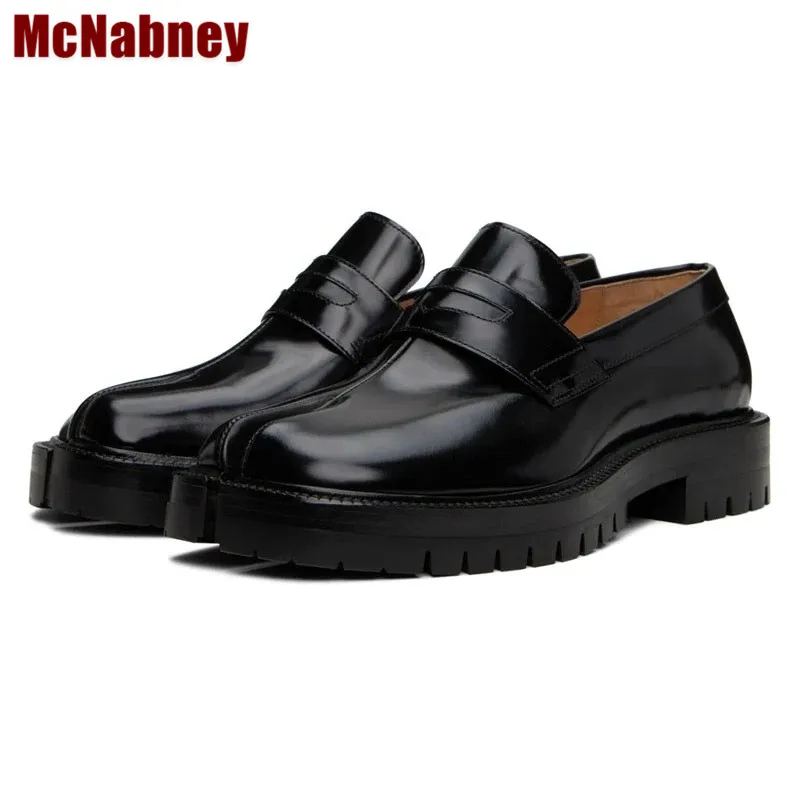 

Split Toe Shoes Black Glossy Genuine Leather Shoes Men Design Chunky Platform Loafers Wedding Office Business Dress Luxury Shoes
