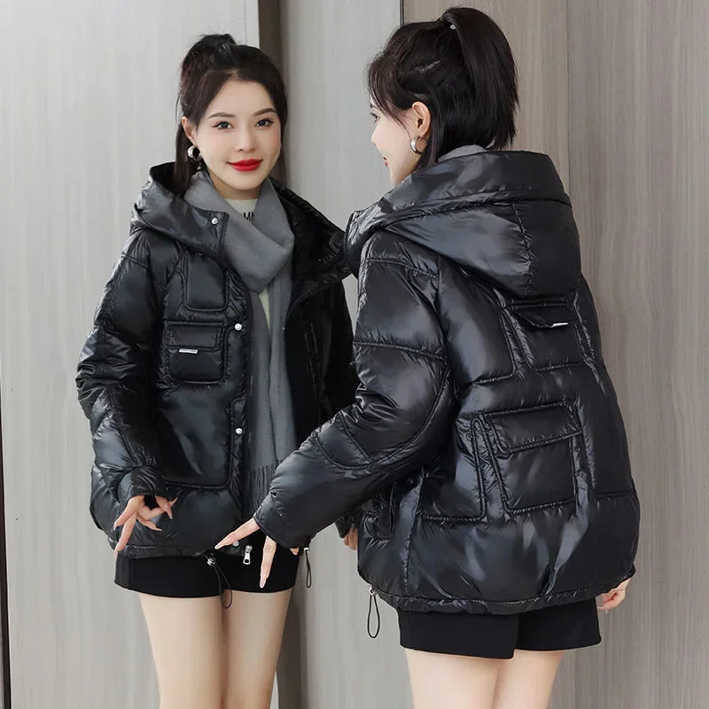 

Woman Coat Thick Padding Quilted Padded Duck Down Pink Cropped Short Green Jackets for Women Hoodie Y2k Fashion Winter Promotion