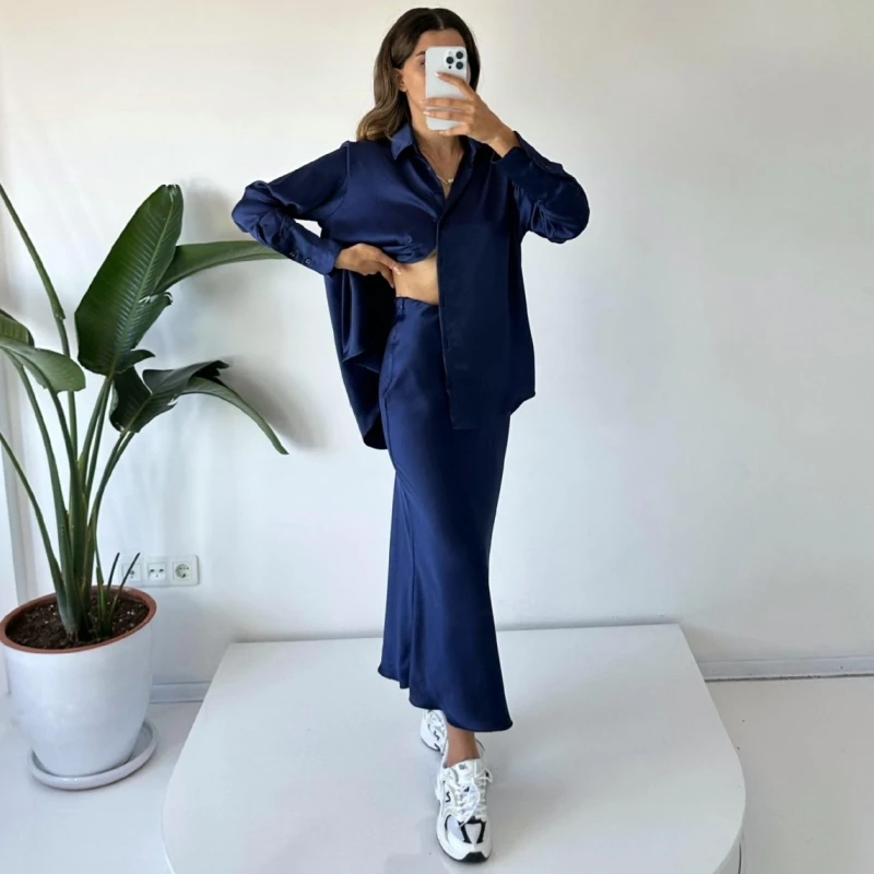 

Women Sets Two Piece Set V Neck Solid Long Lantern Sleeve Top And Elegant Long Skirt High Streetwear Casual Beach Suit