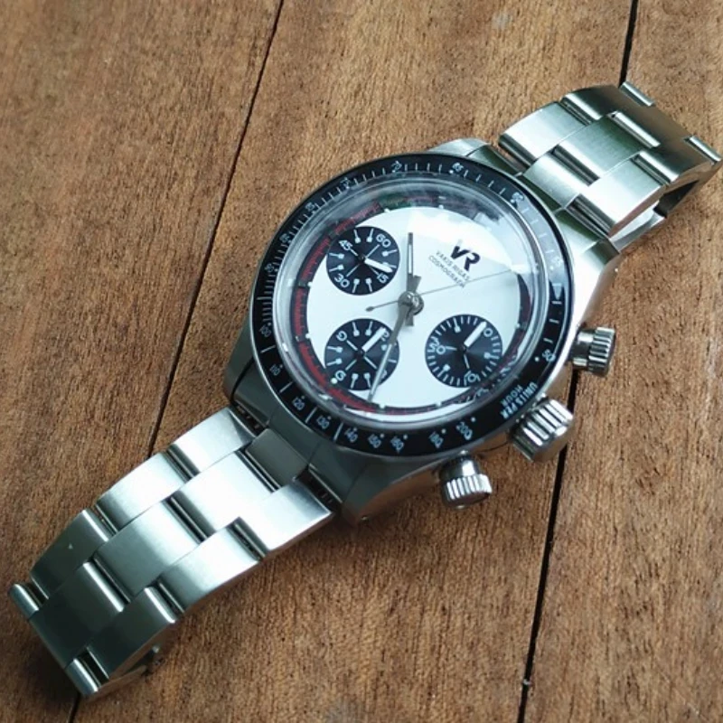 

38mm Vintage Automatic Mechanical Watch 7750 Chronograph Movement Panda Three-eye Dial Luminous Stainless Steel Men's Wristwatch