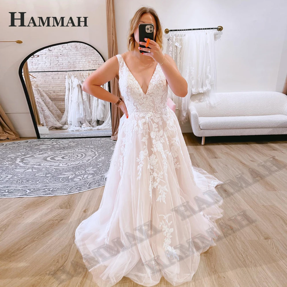 

HAMMAH Tank Sleeveless Pastrol Wedding Gown For Bride Modern Appliques Court Train A Line Deep V Neck Robe De Soirée De Mariage