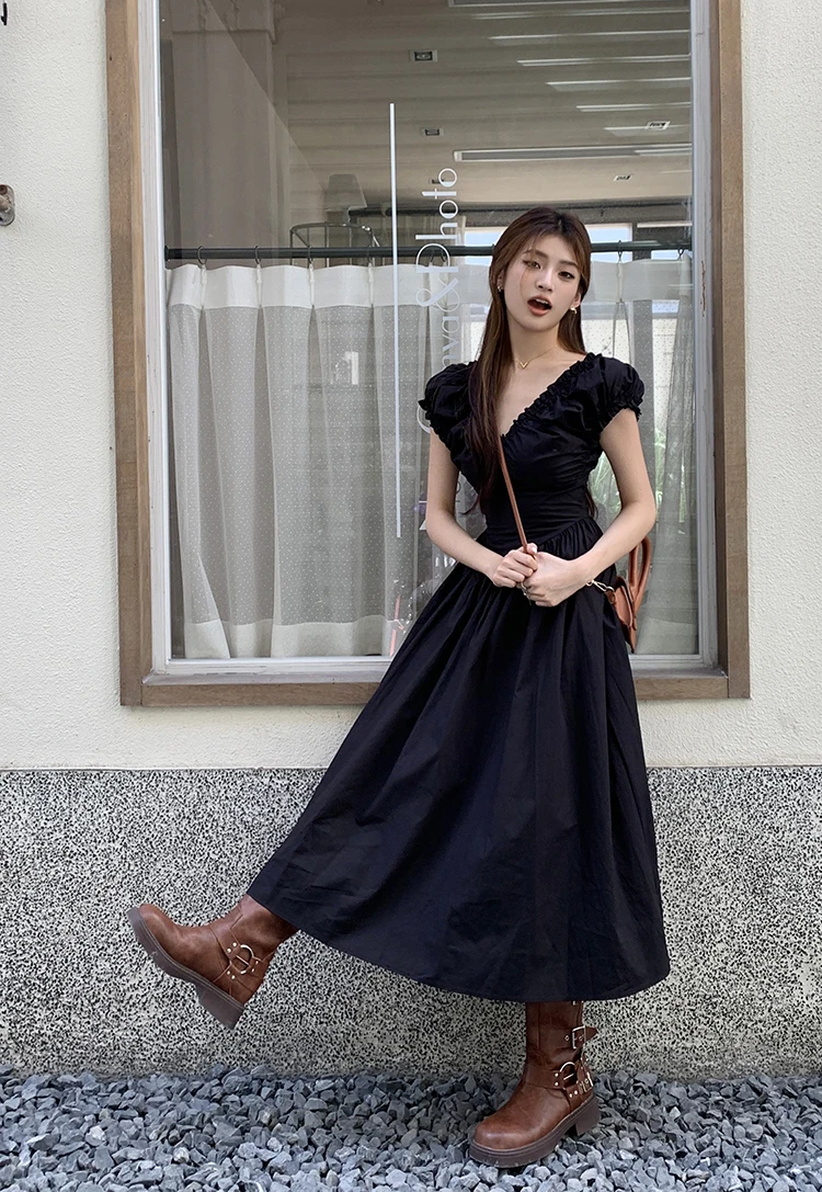 Casual Solid Midi Dresses for Women Korean Chic V-neck Backless High Waist Puff Sleeve A-line Party Dress Summer Vestidos Mujer