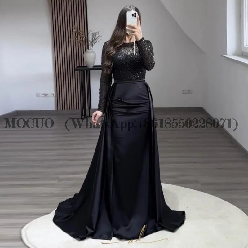 

Evening Dress with Detachable Skirt Satin Long Sleeves Black Mermaid Prom Party Gowns Vestidos De Ocasión Formales