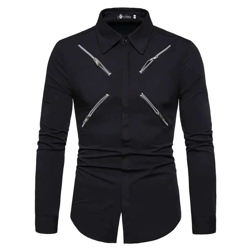 

2023 new fashion lapels personality cut zipper decoration casual long sleeve shirt men