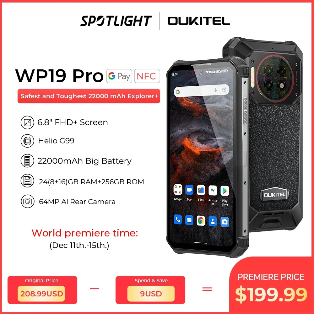Oukitel-teléfono inteligente WP19 Pro, Smartphone resistente de 22000mAh, 24GB, 256GB, cámara de 64MP, Helio G99, 120Hz, estreno mundial