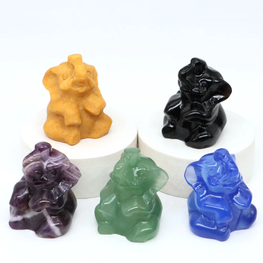 35mm Elephant Statue Natural Crystal Carving Animal Figurine Green Aventurine Rose Quartz Feng Shui Stone Crafts Home Decor Gift Animal Figurine