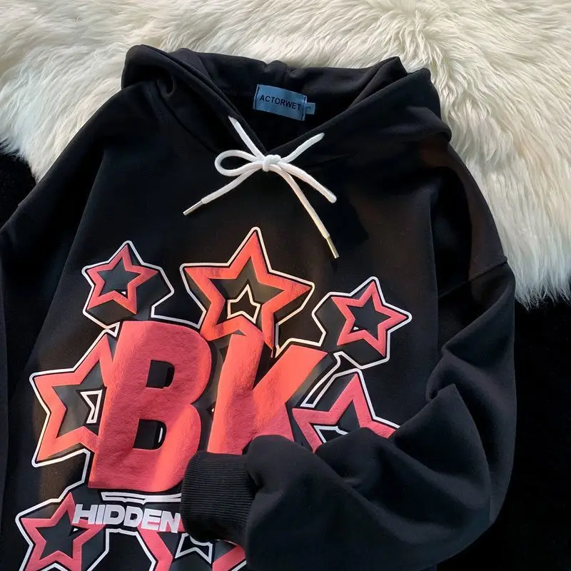 S-4XL Street Harajuku Hoodies Women Men 2023 Fashion Casual Star Print Long Sleeve Oversized Hooded Sweatshirt Clothes Y2k