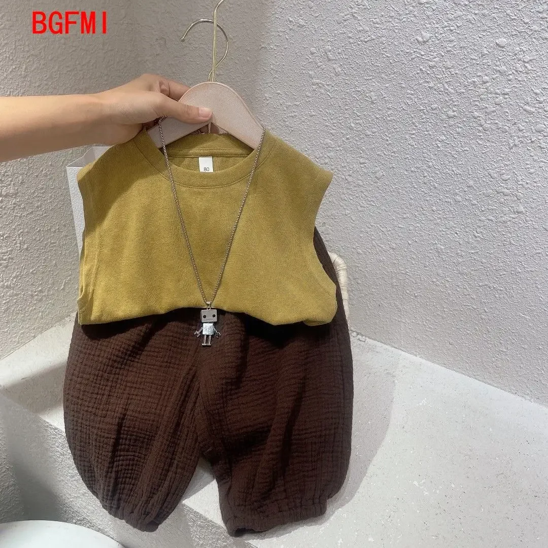 Korean Baby Toddler Boys Girls Soft Thin Casual Short Sleeves + Shorts Set Cotton and Linen Breathable Plaid 2pcs Suit