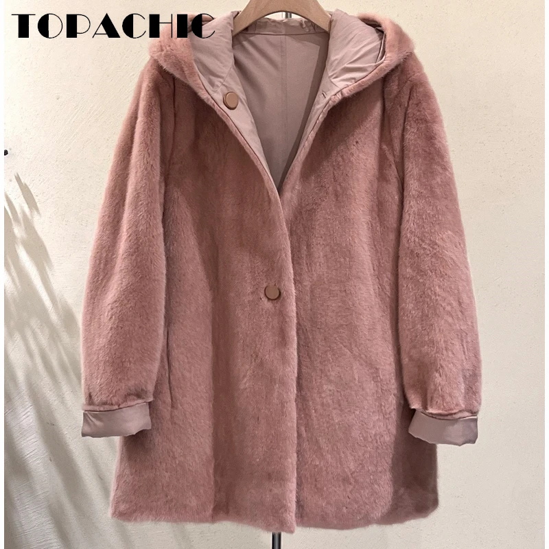 

11.1 TOPACHIC Women's Fashion Solid Color Mink Fur Hooded Single Breasted Keep Warm Reversible Real Fur Coat