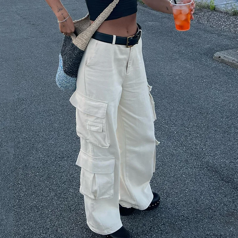 

Elegant Women White Cargo Pants Overalls Fashion 90s Streetwear Pockets Wide Leg Mid Waist Straight Y2k Denim Trousers