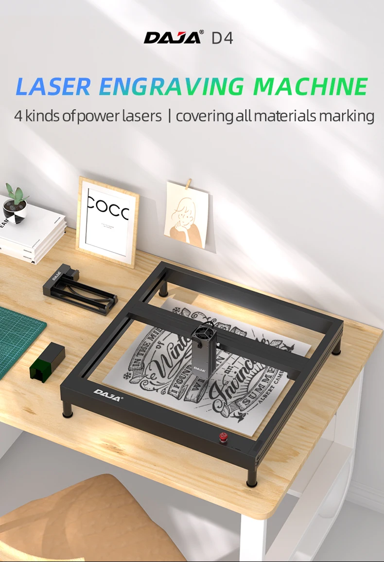 An advanced laser engraving machine sits on a wooden desk next to stationery and a small plant. The high-performance machine is meticulously engraving an intricate design on a flat surface.