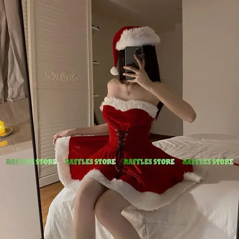 

2023 рождественское женское сексуальное платье Санта Клауса, костюм для косплея, шапка, зимний комбинезон в виде кролика для девочки, новый год 2024, красный внешний вид