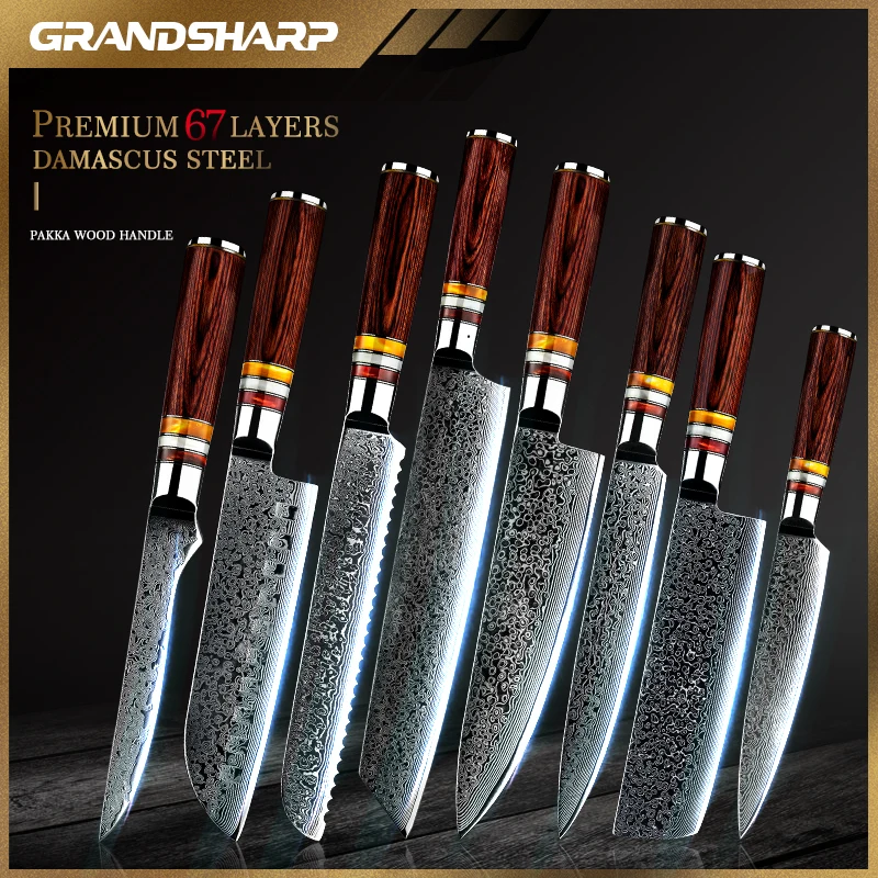 

Grandsharp 8 Pcs Kitchen Knife Set AUS-10 Japanese Damascus Steel Chef Santoku Utility Boning Slicing Nakiri Bread Knives Cutler