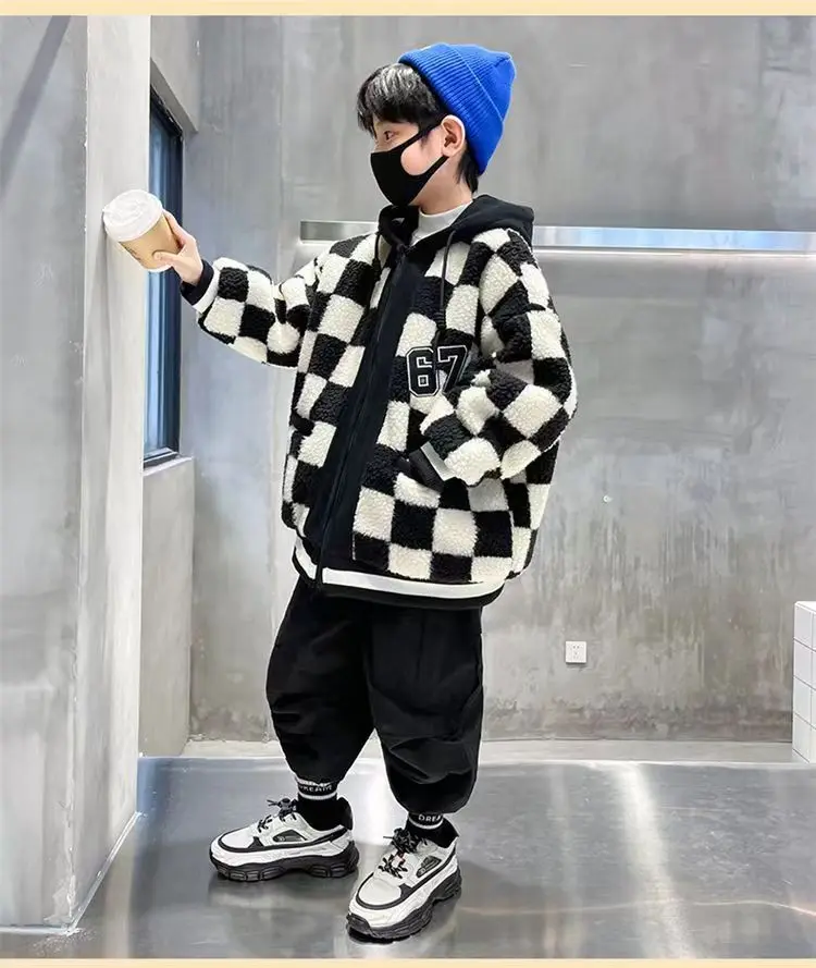 Winter Kids checkerboard Jacket For Boys Coats Lamb Wool Plus Velvet Thick Coats Christmas Costume For Toddler Children Outw children jackets boys woolen coat