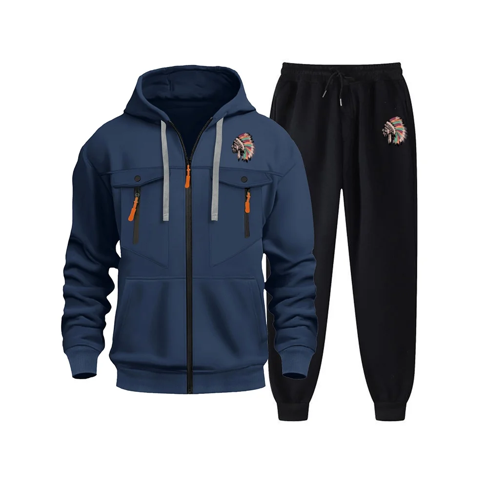 Autumn/Winter Men's Zippered Sport Top Men's detailed zippered multi-pocket zippered sweatshirt + Universal sport long pants set