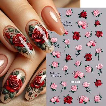 1Pc 5D Embossed Nail Stickers Valentine‘s Day Red Rose Flower Self-Adhesive Sliders Decals Simple Ladies Manicure Decor Foils *& 1