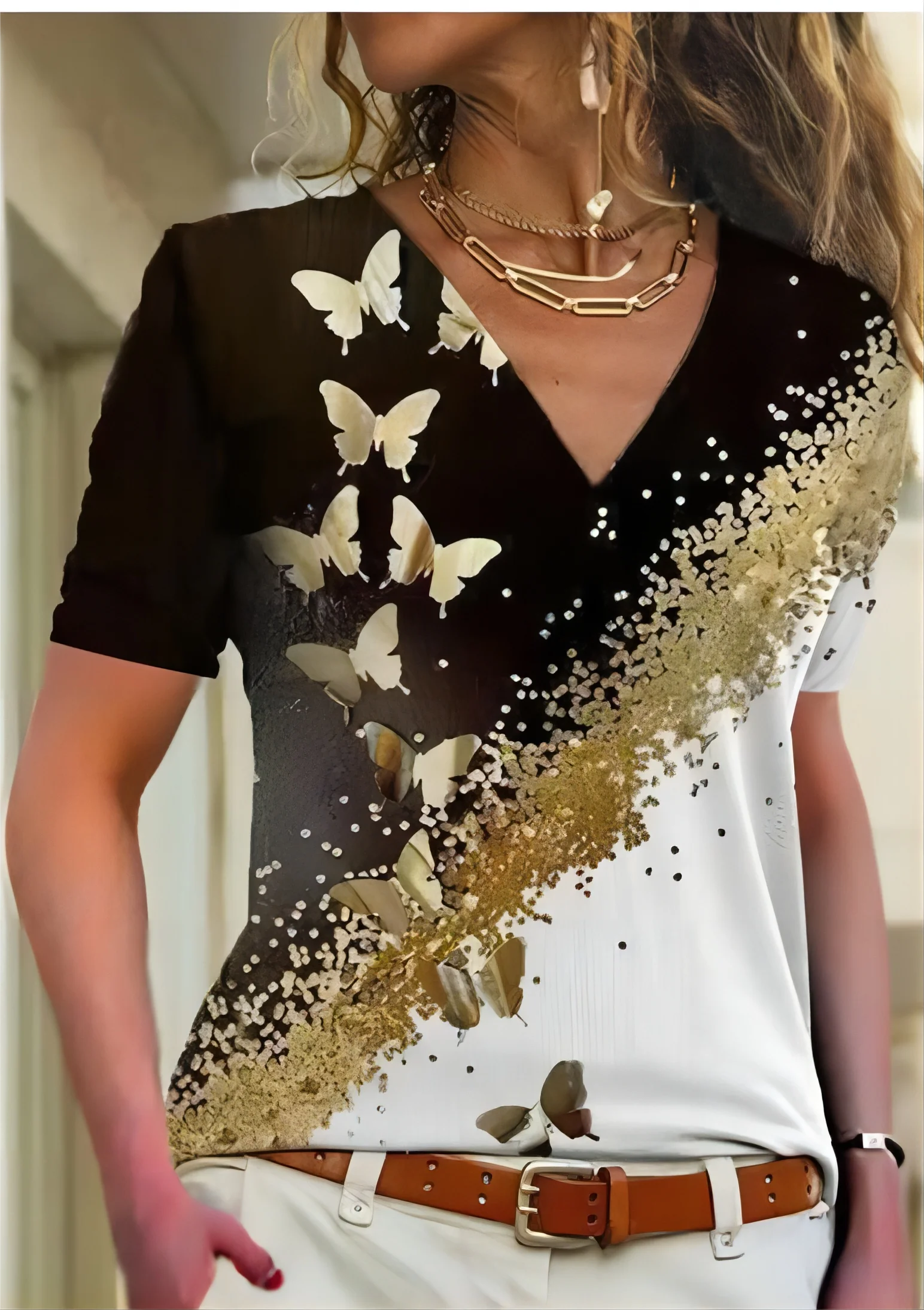 Women's 3D T-shirt Summer V-neck Short Sleeve Butterfly Print Cute Girl's Top Fashion T-shirt Women's Clothing 6 S1c7dc8f306b045b9a2e4710086abde06G