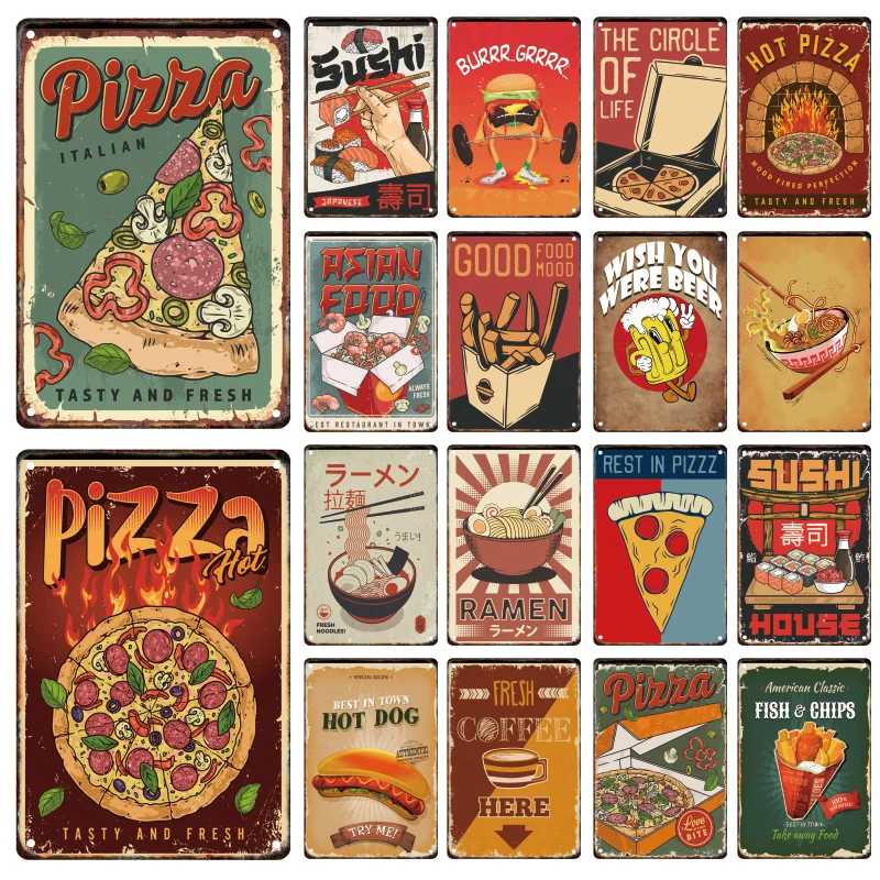 

Vintage Pizza Metal Sign Plaque Tin Painting Advertising Sign Food Poster Home Kitchen Restaurant Bar Wall Art Decorative Mural