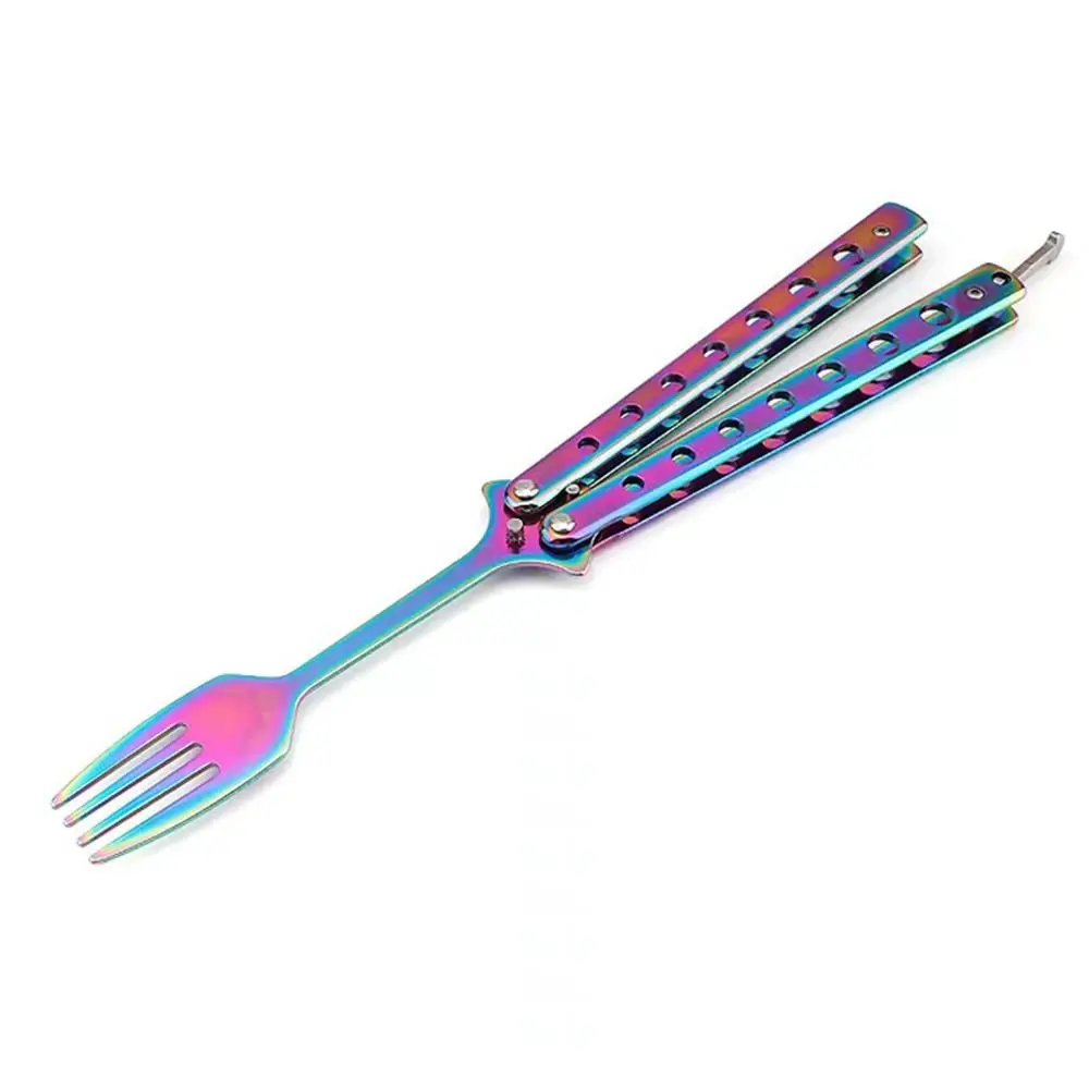 Durable Stainless Steel Butterfly Folding Spoon Fork Practice Training Outdoor Balisong Training Tool Tableware Camping