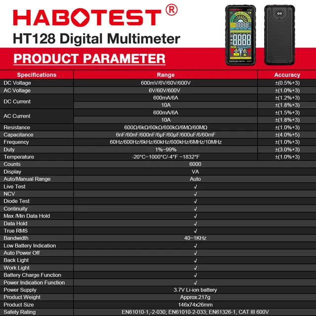 Uadme Multi-Tester, Intelligentes Digitales Multimeter, 6000 Zählungen,  Voltmeter, Strom, Kapazität, Widerstand, Frequenz, Elektrischer Tester HT128