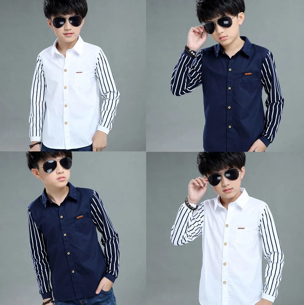 Boys Long Sleeve Shirts Stripped Patchwork Long Sleeve Fastener Gentleman Cardigan For Boys