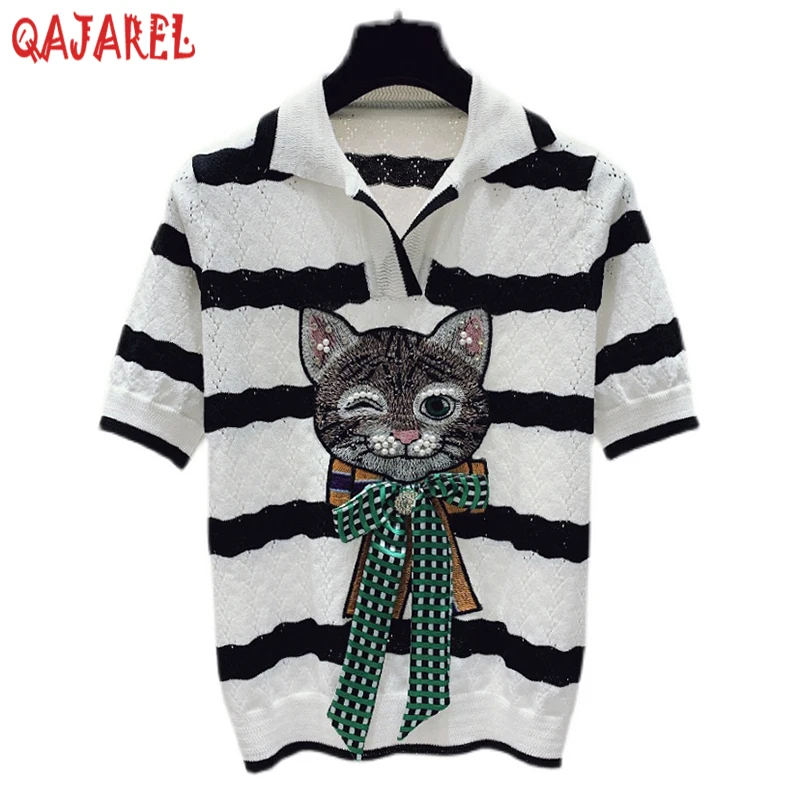 

Women White Striped Light Knitted Cotton Top Coat Summer Fashion Polo Collar Bow Cartton Cat T-Shirt 2024 Korean Elegant Shirts